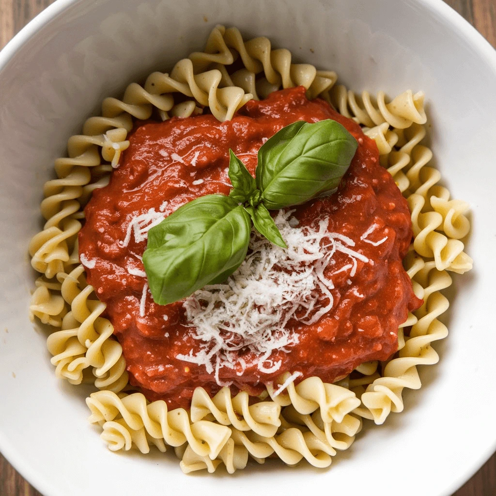 Plate of Ditalini Pasta with Tomato Basil Sauce and Fresh Mozzarella