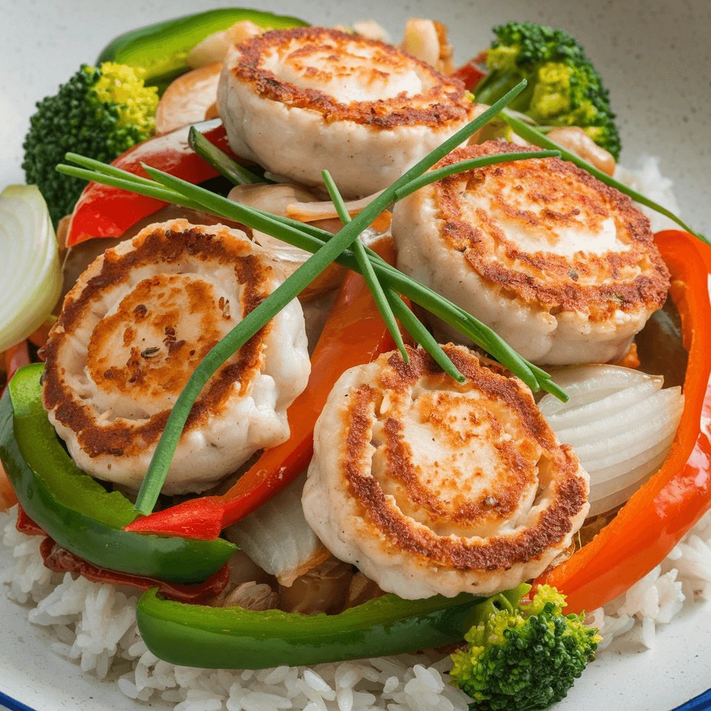 Fishcakes and Scallops Stir Fry with Vegetables: Quick and Healthy Seafood Meal

