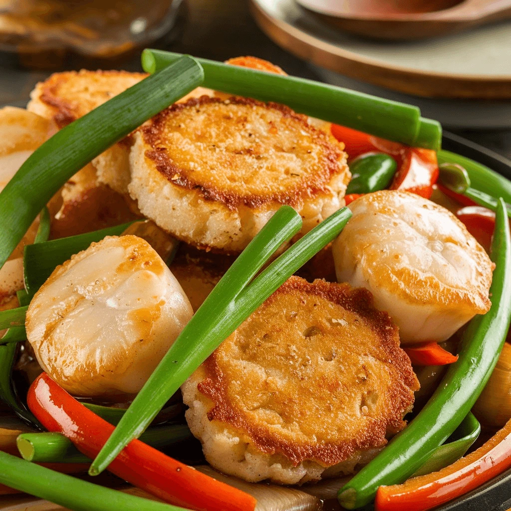 Fishcakes and Scallops Stir Fry with Vegetables: Quick and Healthy Seafood Meal

