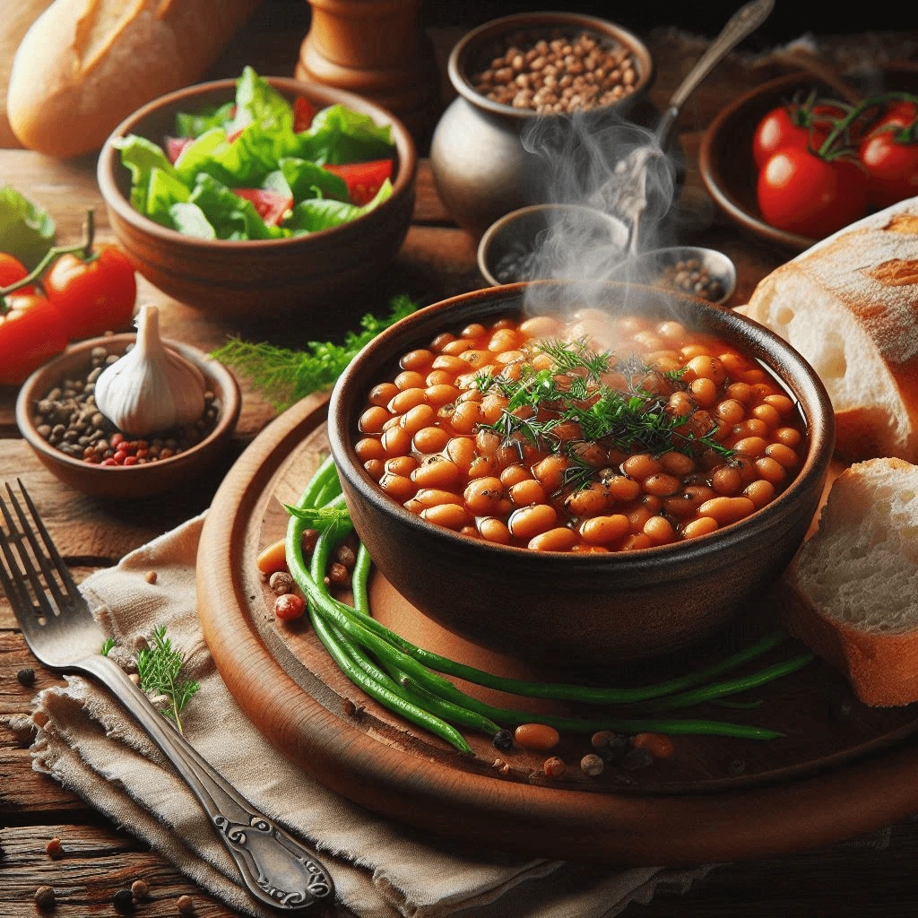 Classic homemade baked beans in a cast iron skillet, garnished with fresh parsley and served with a wooden spoon.