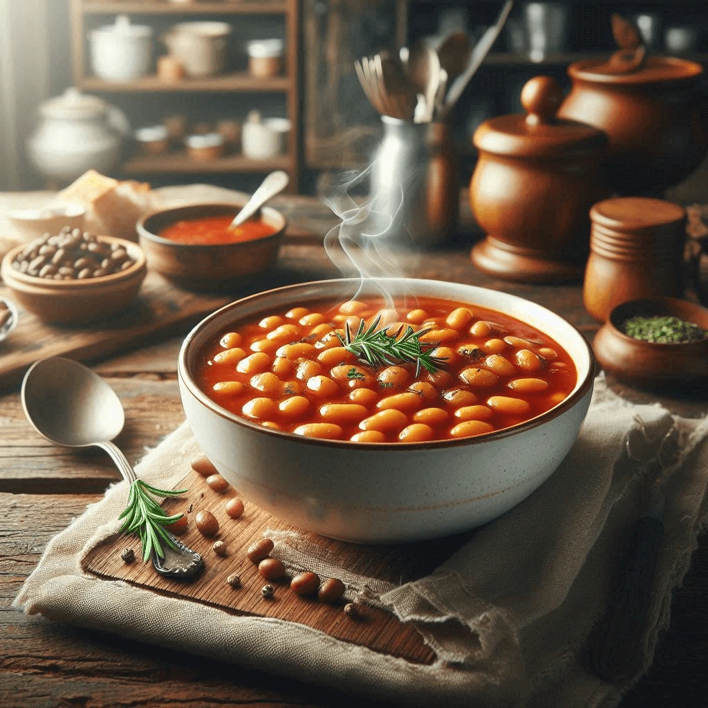 Homemade baked beans in a white ceramic bowl, garnished with fresh parsley and served with a wooden spoon."