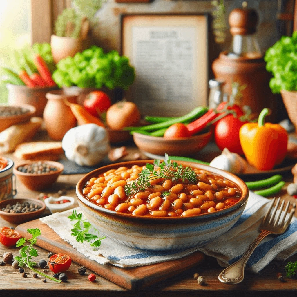 Homemade baked beans in a ceramic dish with a wooden spoon, garnished with fresh parsley.